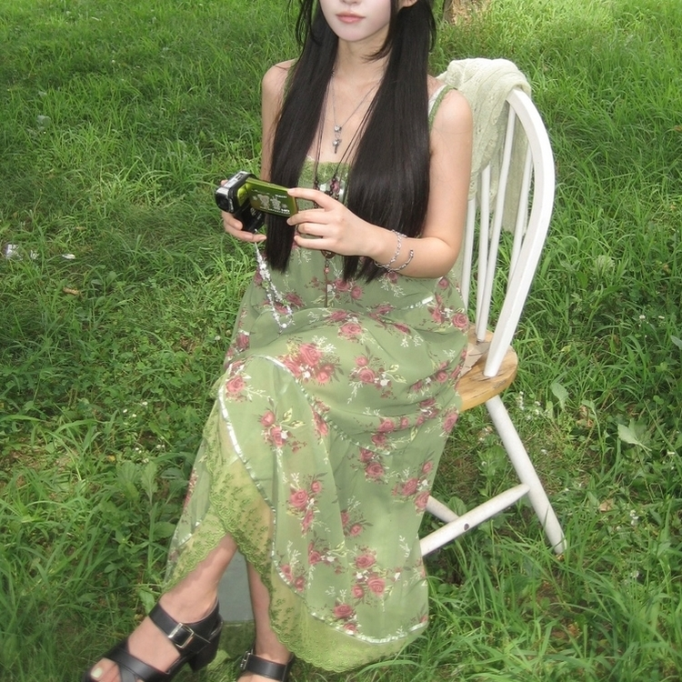 レースピンタック小花ロングワンピース GREEN