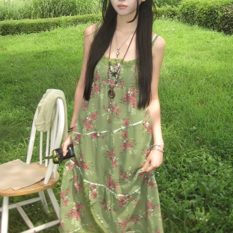 レースピンタック小花ロングワンピース GREEN