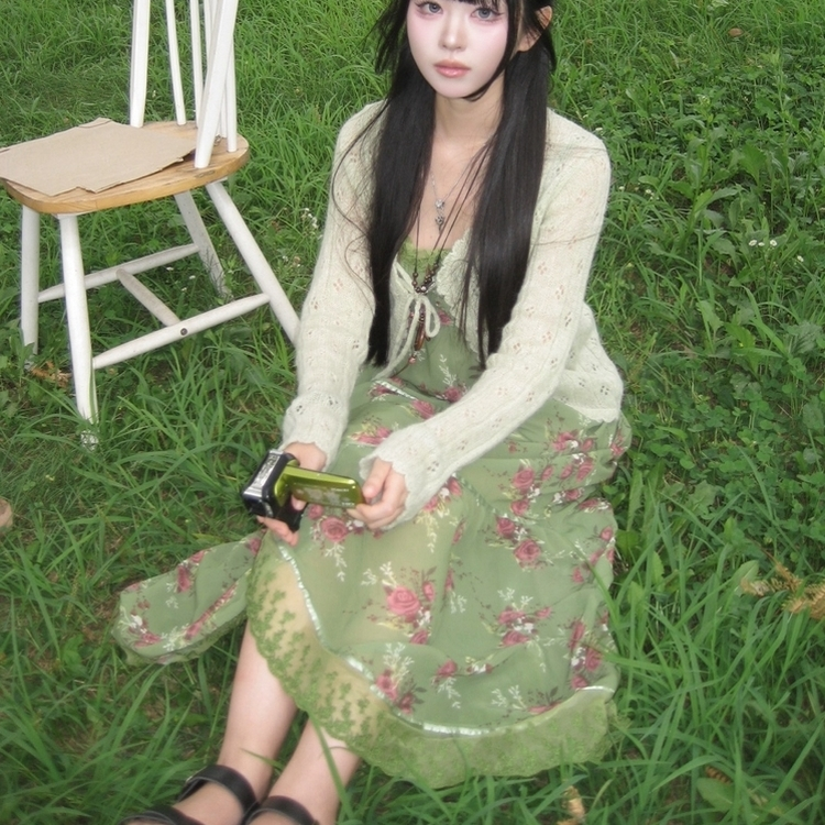 レースピンタック小花ロングワンピース GREEN