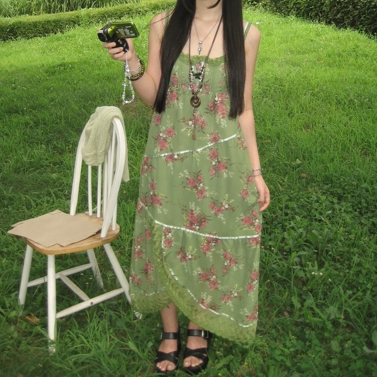 レースピンタック小花ロングワンピース GREEN