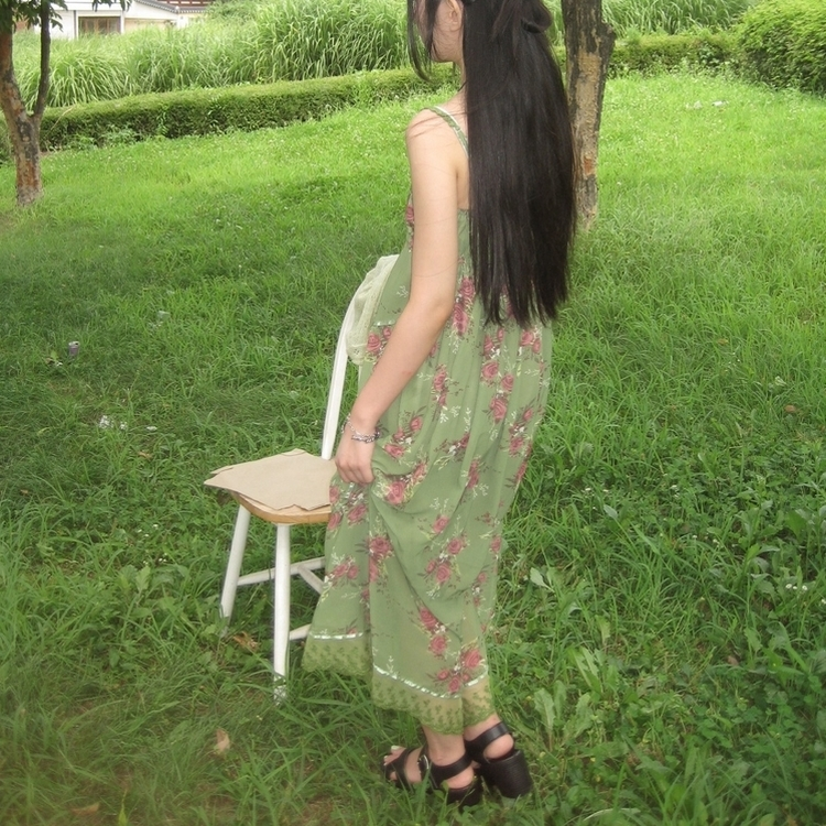 レースピンタック小花ロングワンピース GREEN
