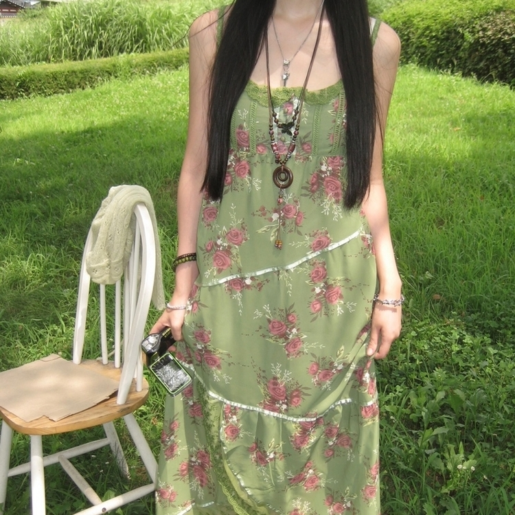 レースピンタック小花ロングワンピース GREEN
