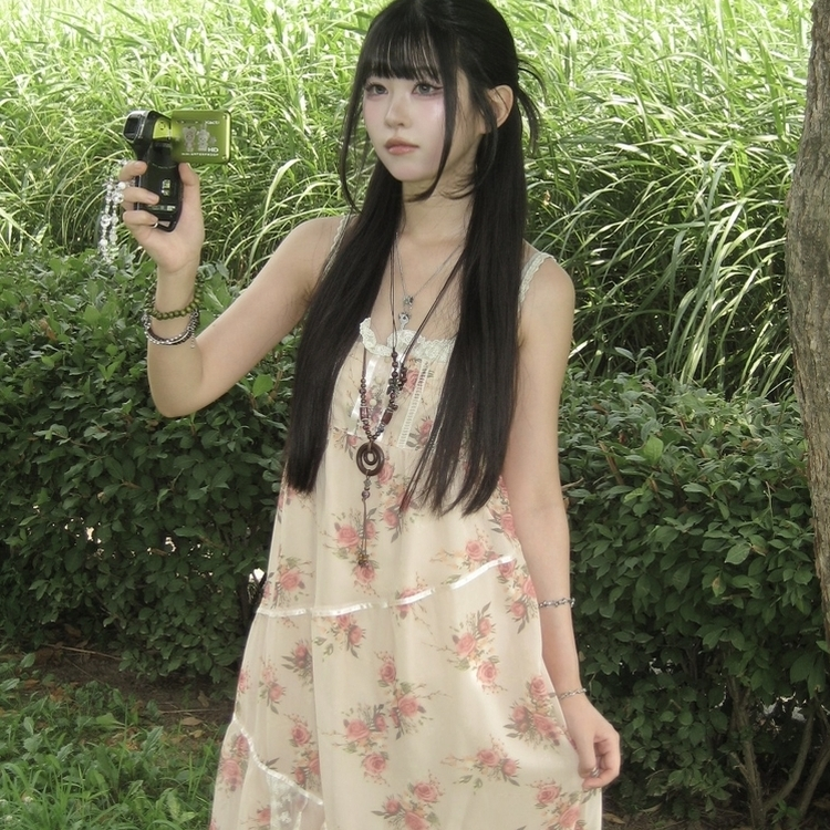レースピンタック小花ロングワンピース PINK