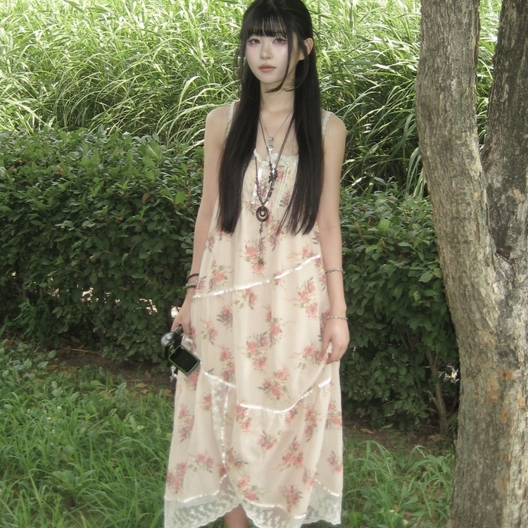 レースピンタック小花ロングワンピース PINK