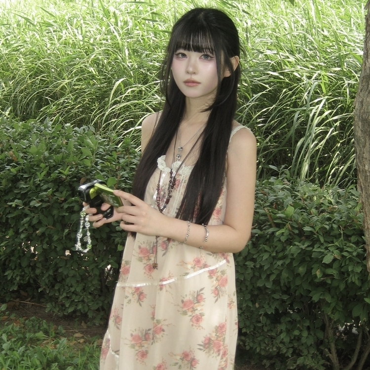レースピンタック小花ロングワンピース PINK