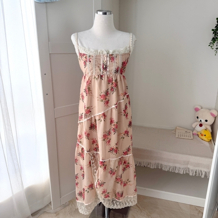 レースピンタック小花ロングワンピース