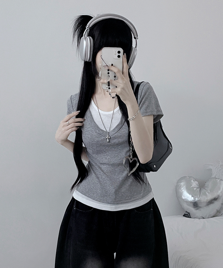 リボンホルターレイヤードVネックTシャツ(7color) GREY