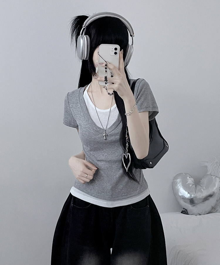 リボンホルターレイヤードVネックTシャツ(7color) GREY