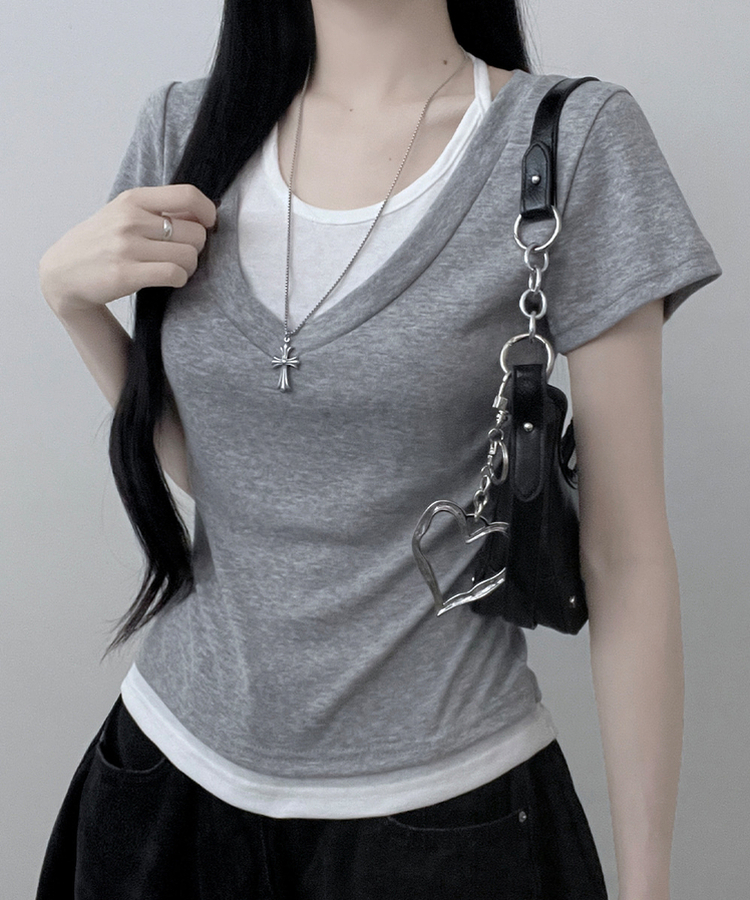 リボンホルターレイヤードVネックTシャツ(7color) GREY