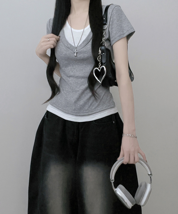リボンホルターレイヤードVネックTシャツ(7color) GREY