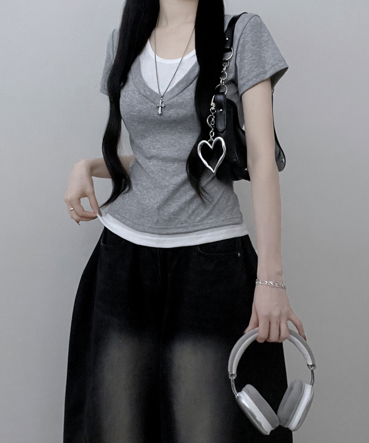 リボンホルターレイヤードVネックTシャツ(7color) GREY