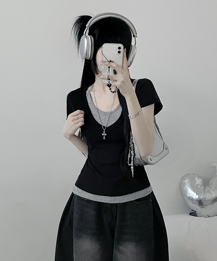 リボンホルターレイヤードVネックTシャツ(7color) BLACK