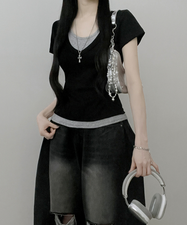リボンホルターレイヤードVネックTシャツ(7color) BLACK