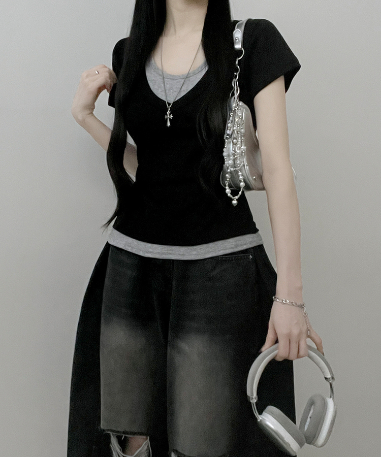 リボンホルターレイヤードVネックTシャツ(7color) BLACK