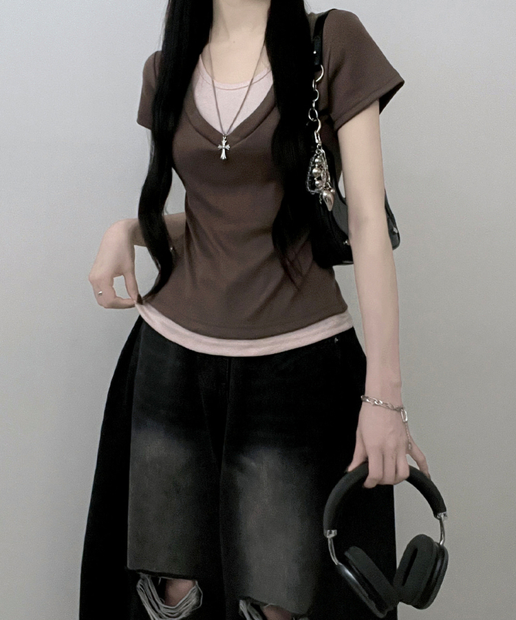 リボンホルターレイヤードVネックTシャツ(7color) MOCHA