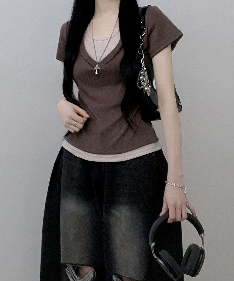 リボンホルターレイヤードVネックTシャツ(7color) MOCHA