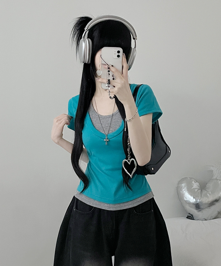 リボンホルターレイヤードVネックTシャツ(7color) AQUA BLUE