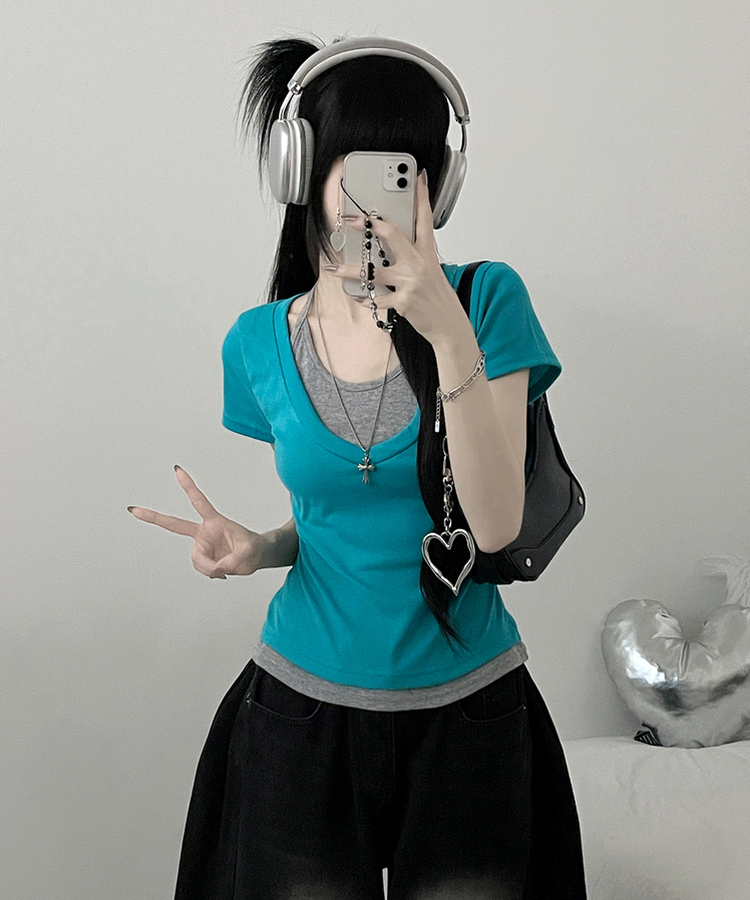 リボンホルターレイヤードVネックTシャツ(7color) AQUA BLUE