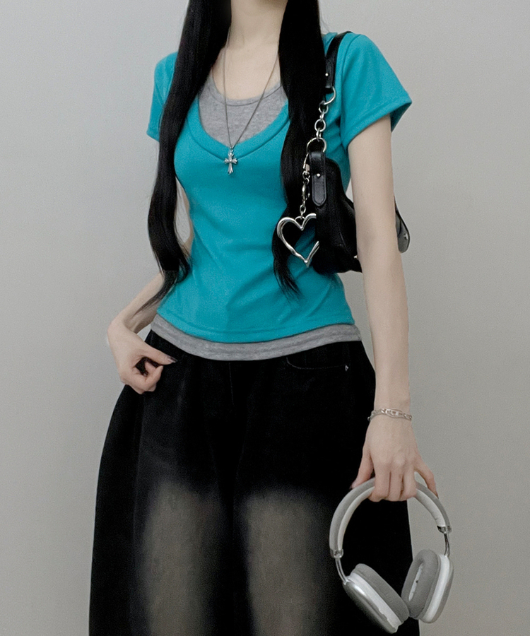 リボンホルターレイヤードVネックTシャツ(7color) AQUA BLUE