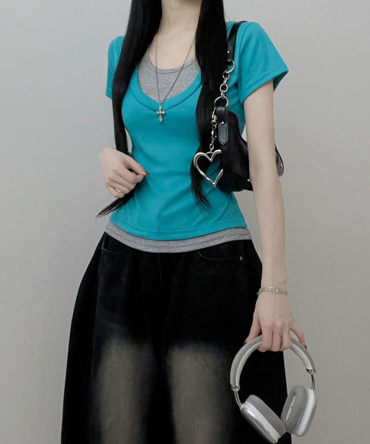 リボンホルターレイヤードVネックTシャツ(7color) AQUA BLUE
