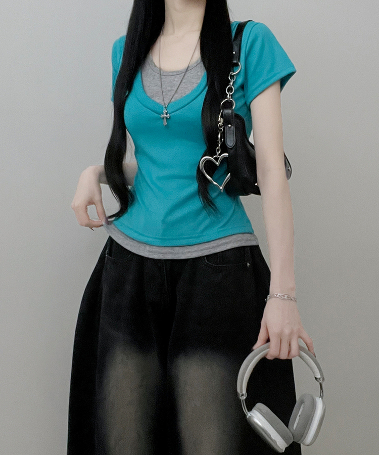 リボンホルターレイヤードVネックTシャツ(7color) AQUA BLUE