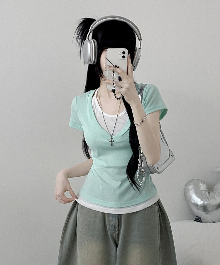 リボンホルターレイヤードVネックTシャツ(7color) MINT
