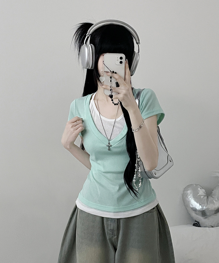 リボンホルターレイヤードVネックTシャツ(7color) MINT