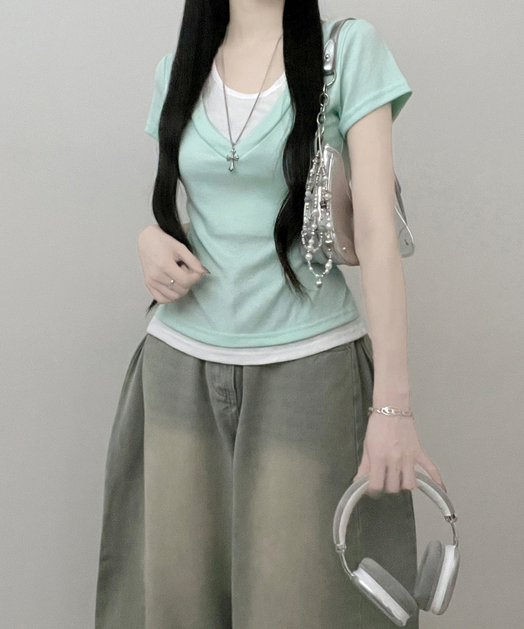 リボンホルターレイヤードVネックTシャツ(7color) MINT