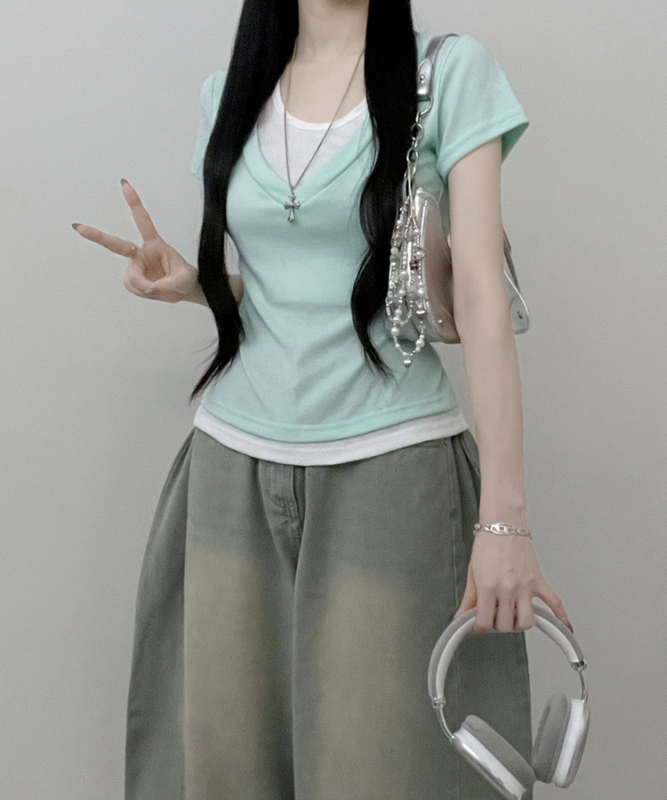 リボンホルターレイヤードVネックTシャツ(7color) MINT