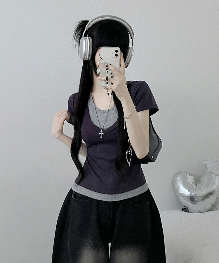 リボンホルターレイヤードVネックTシャツ(7color) PURPLE