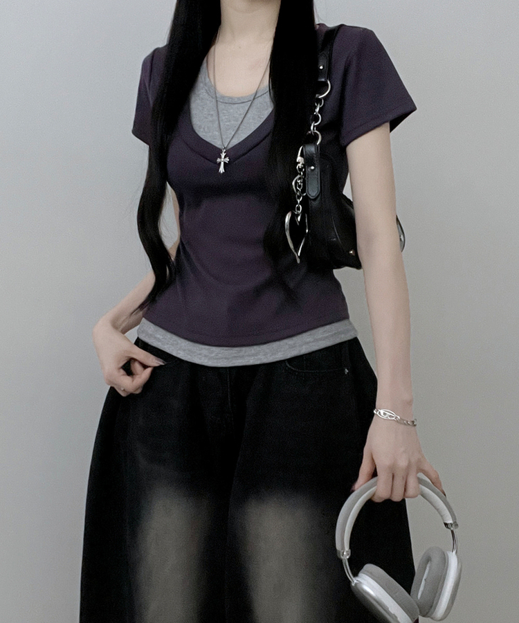 リボンホルターレイヤードVネックTシャツ(7color) PURPLE