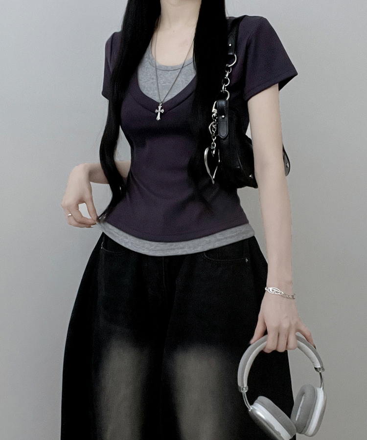 リボンホルターレイヤードVネックTシャツ(7color) PURPLE