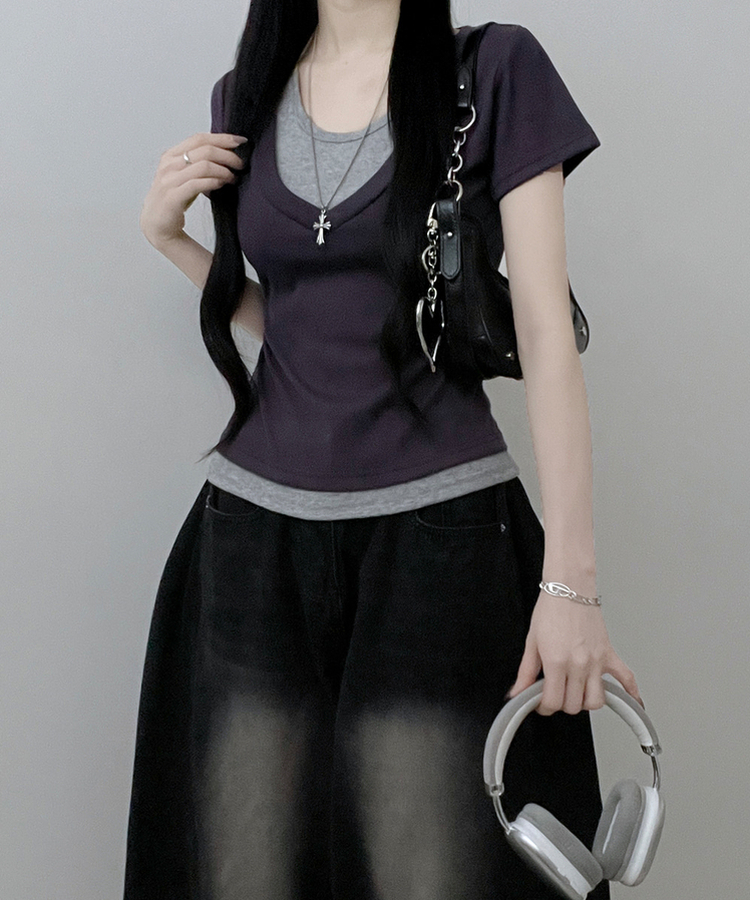 リボンホルターレイヤードVネックTシャツ(7color) PURPLE