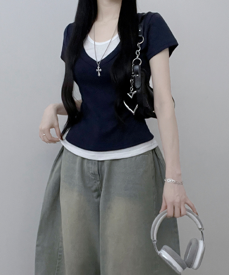 リボンホルターレイヤードVネックTシャツ(7color) NAVY