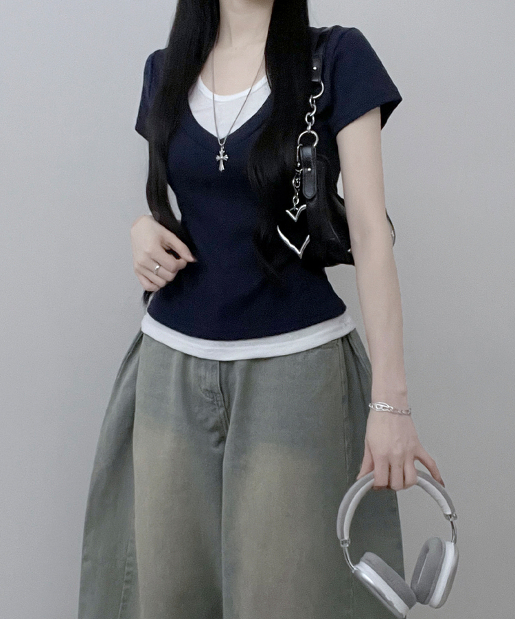 リボンホルターレイヤードVネックTシャツ(7color) NAVY