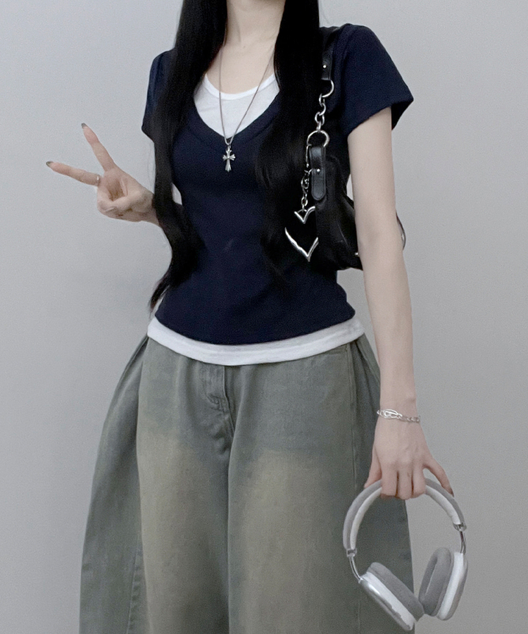 リボンホルターレイヤードVネックTシャツ(7color) NAVY