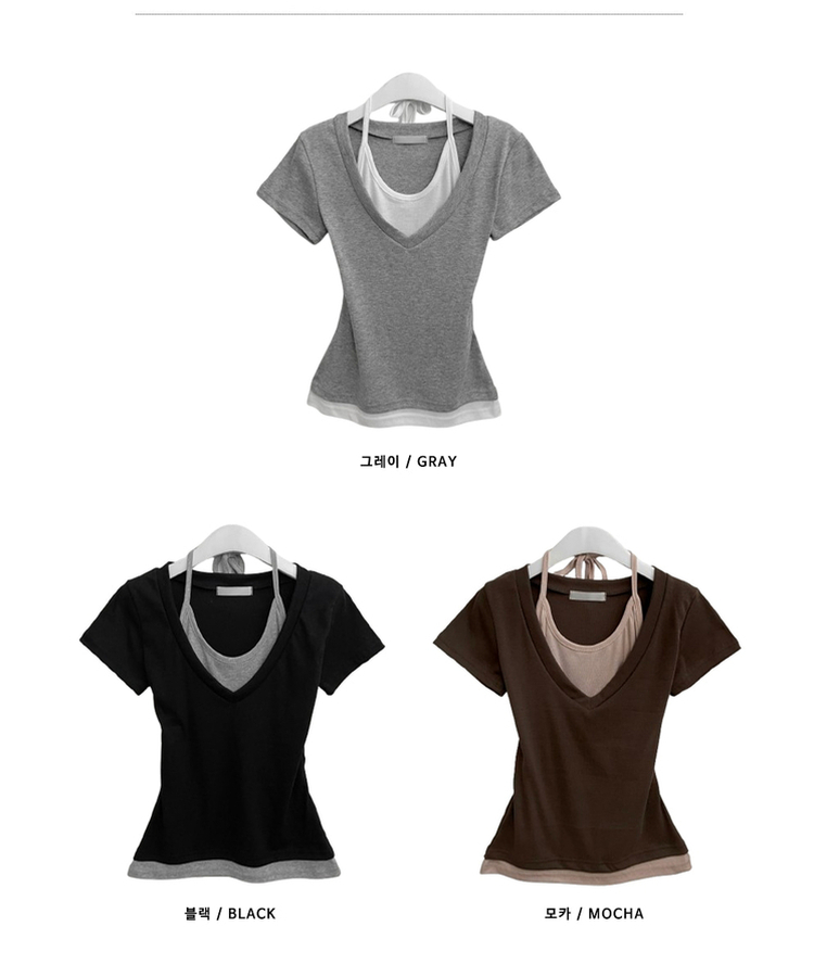 リボンホルターレイヤードVネックTシャツ(7color)