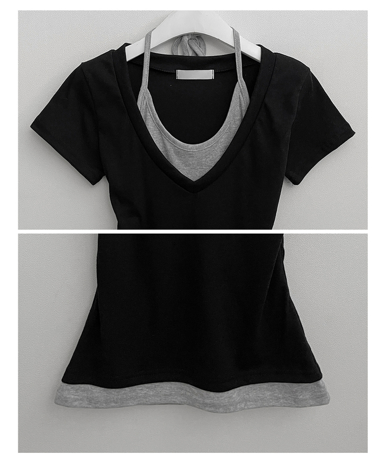 リボンホルターレイヤードVネックTシャツ(7color)