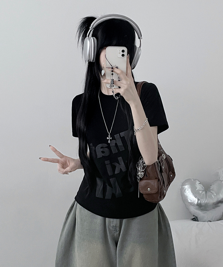 レタリングプリントルーズ半袖Tシャツ BLACK
