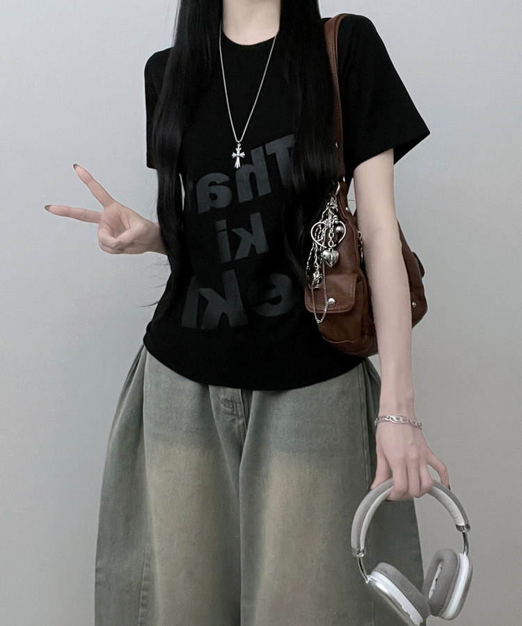レタリングプリントルーズ半袖Tシャツ BLACK