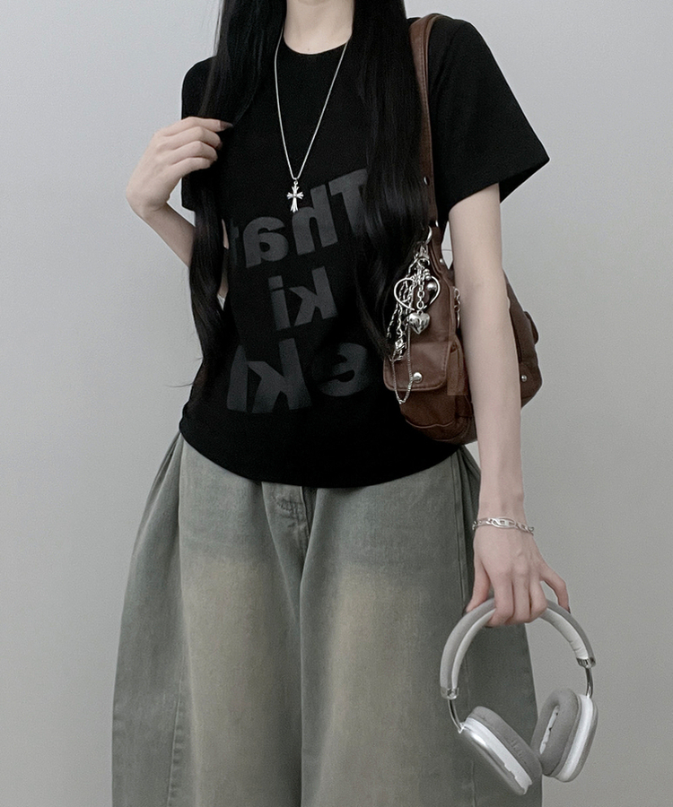 レタリングプリントルーズ半袖Tシャツ BLACK