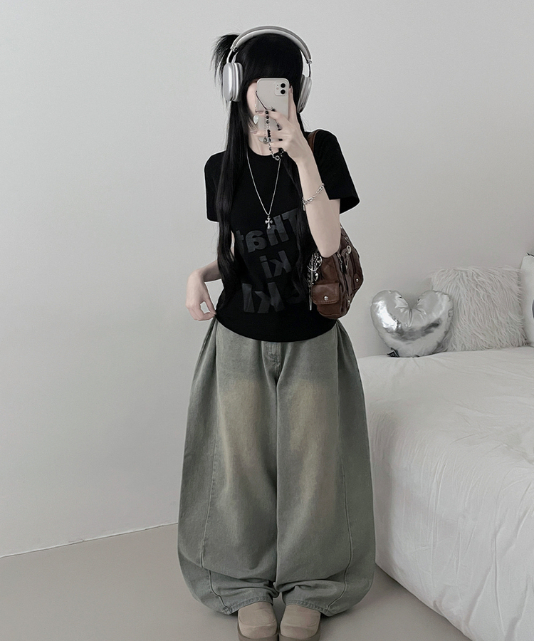 レタリングプリントルーズ半袖Tシャツ BLACK