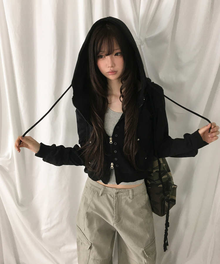 ナポレオンルーズジップアップフードトレーナー BLACK