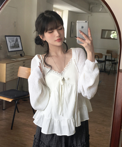 밀로 시스루 니트 볼레로 긴팔 가디건 크롭 아크릴 커버업 리본 스트랩 간절기아우터 모리걸룩 꾸안꾸 빈티지 데일리 캐주얼 체형커버 아이보리