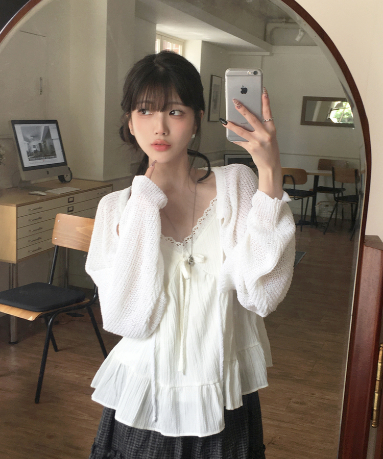 밀로 시스루 니트 볼레로 긴팔 가디건 크롭 아크릴 커버업 리본 스트랩 간절기아우터 모리걸룩 꾸안꾸 빈티지 데일리 캐주얼 체형커버 아이보리