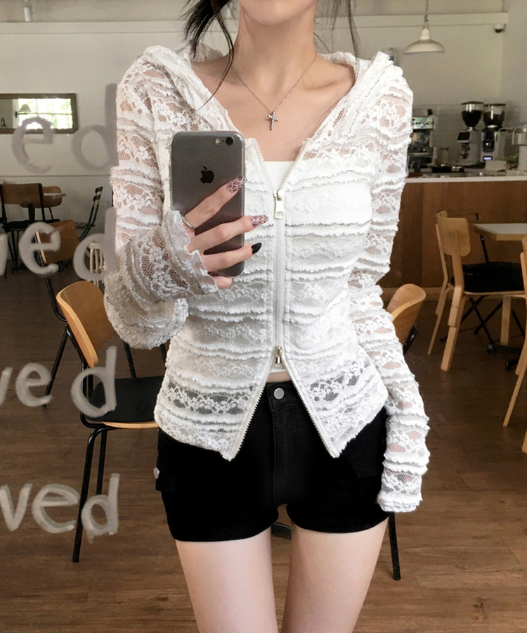 フラワーレースシアーフードジップアップ WHITE