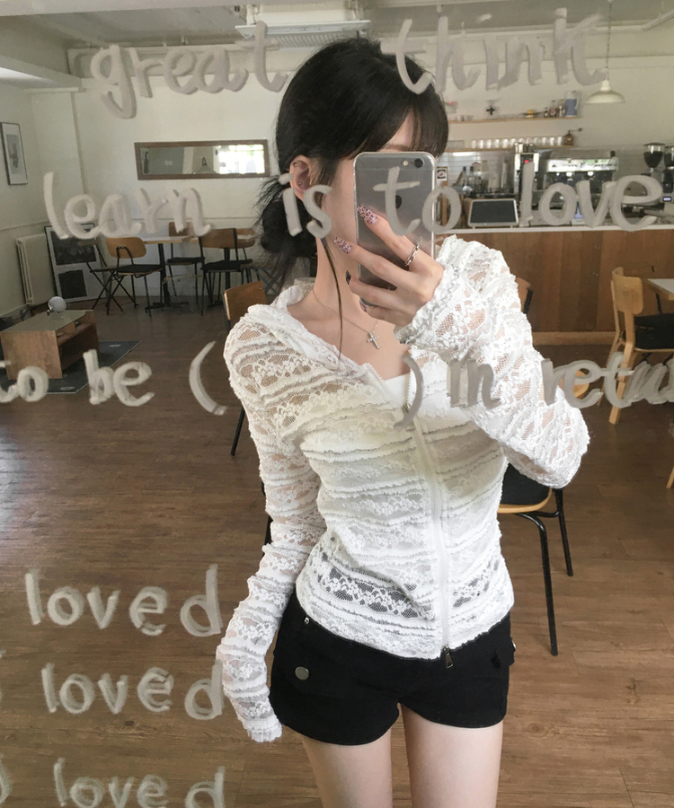 フラワーレースシアーフードジップアップ WHITE