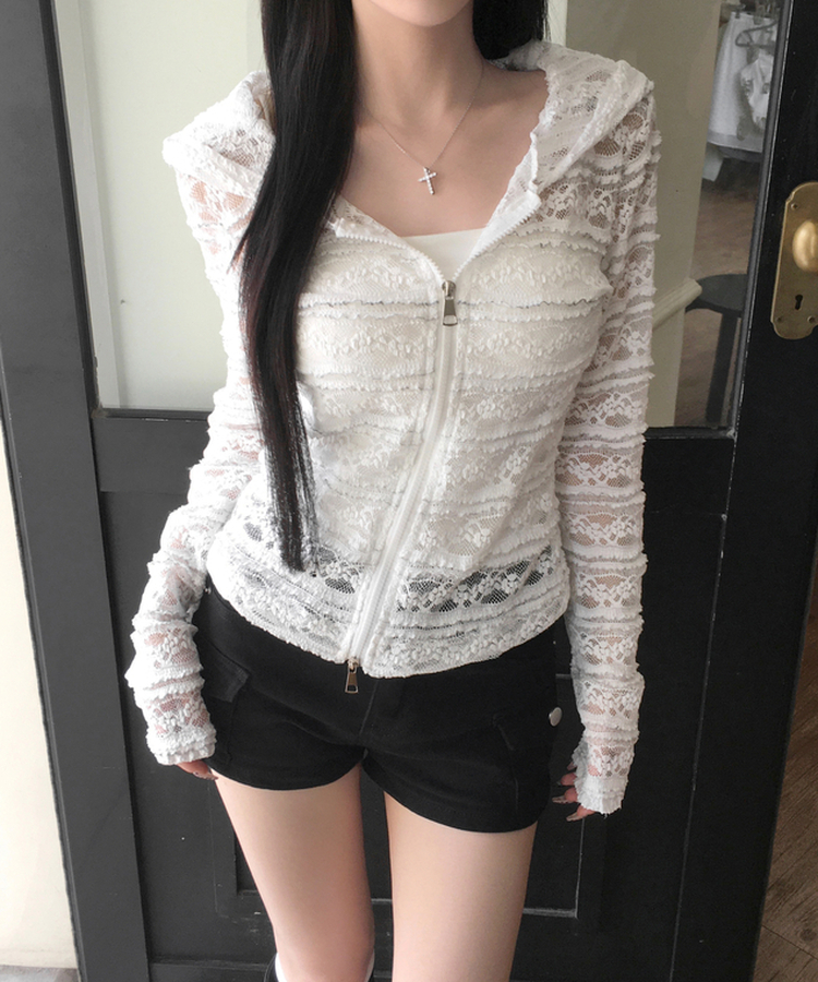フラワーレースシアーフードジップアップ WHITE