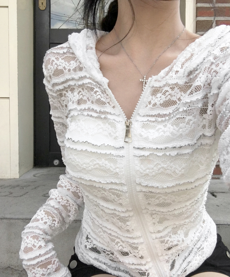 フラワーレースシアーフードジップアップ WHITE