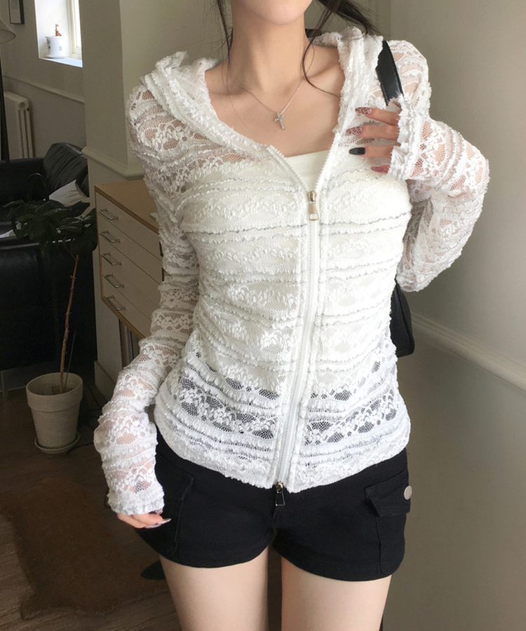 フラワーレースシアーフードジップアップ WHITE